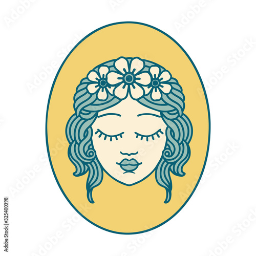tattoo style icon of a maiden with eyes closed