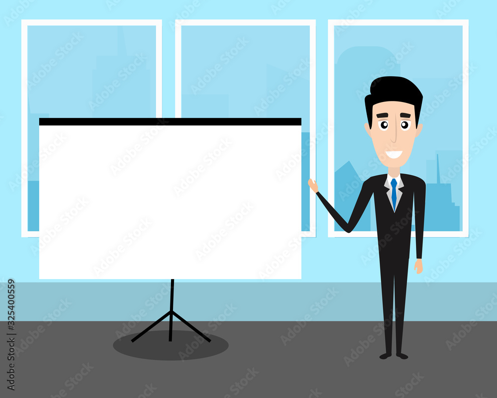 Businessman in formal suit is giving a presentation in bank board.