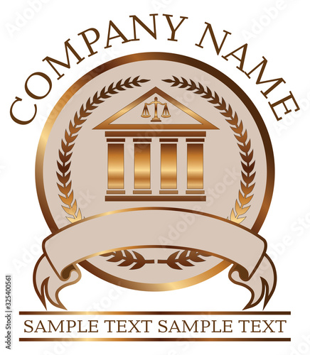 Law or Lawyer Seal - Gold With Colonnade is an illustration of a lawyer or law office seal or emblem design that includes graphic images of a crest, a banner, and a colonnade with room for your text.