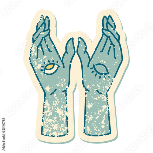 distressed sticker tattoo style icon of mystic hands