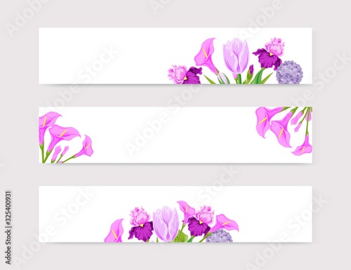 Floral lilac and violet blossom flowers on white banners set vector illustration. Corner banners with violet flowers, and bouquets design.