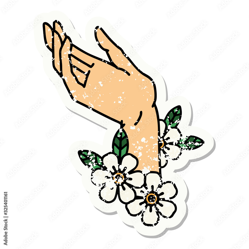 traditional distressed sticker tattoo of a hand traditional distressed sticker tattoo of a hand