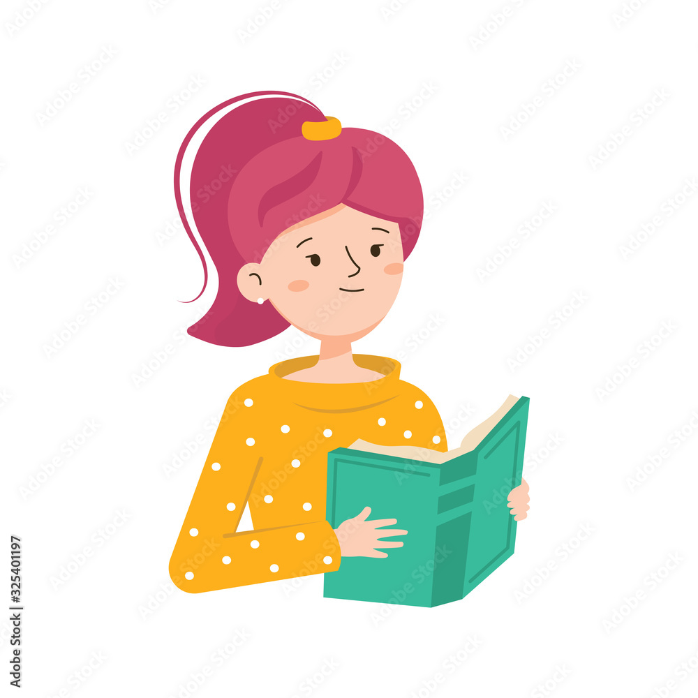 Girl is reading a book. Female character reads a book. The concept of training, education, literary festival