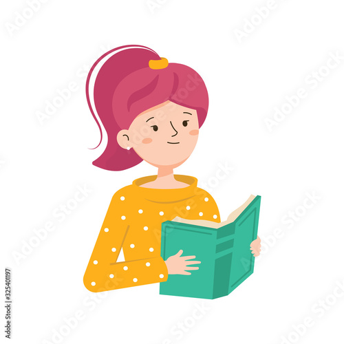 Girl is reading a book. Female character reads a book. The concept of training, education, literary festival