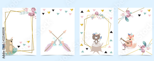 Pink green gold geometry baby shower invitation with bear,fox,arrow,feather. Vector birthday invitation for kid and baby.Editable element