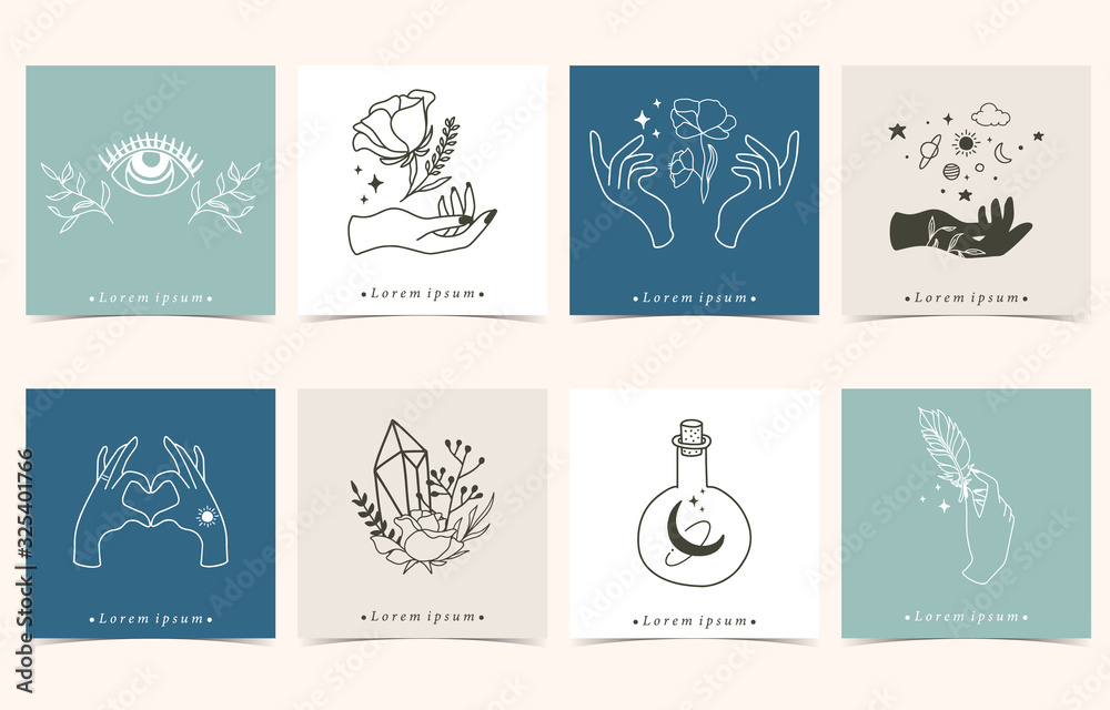 Collection of occult background set with hand,flower,eye,moon.Editable vector illustration for website, invitation,postcard and sticker Collection of occult background set with hand,flower,eye,moon.Editable vector illustration for website, invitation,postcard and sticker