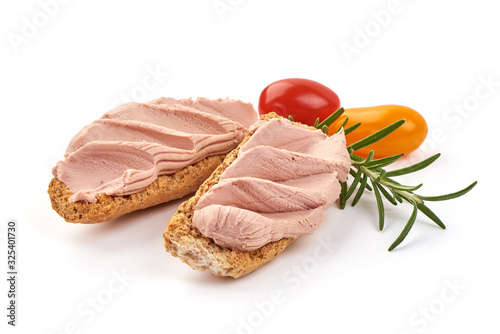 Chicken liver pate sandwich, isolated on white background
