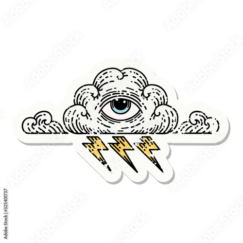 traditional distressed sticker tattoo of an all seeing eye cloud