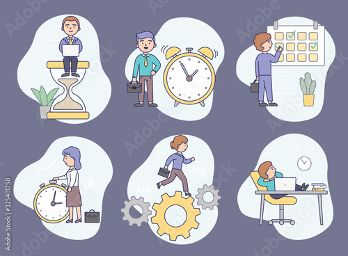 Time Management Concept. Business Men And Women Are Planning Their Work. Concept Of Working Day And Working Time Planning And Procrastination. Cartoon Linear Outline Flat Style. Vector Illustration