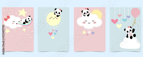 Collection of panda background set with cloud, rainbow,balloon.Editable vector illustration for website, invitation,postcard and sticker