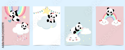 Collection of panda background set with cloud, rainbow,balloon.Editable vector illustration for website, invitation,postcard and sticker