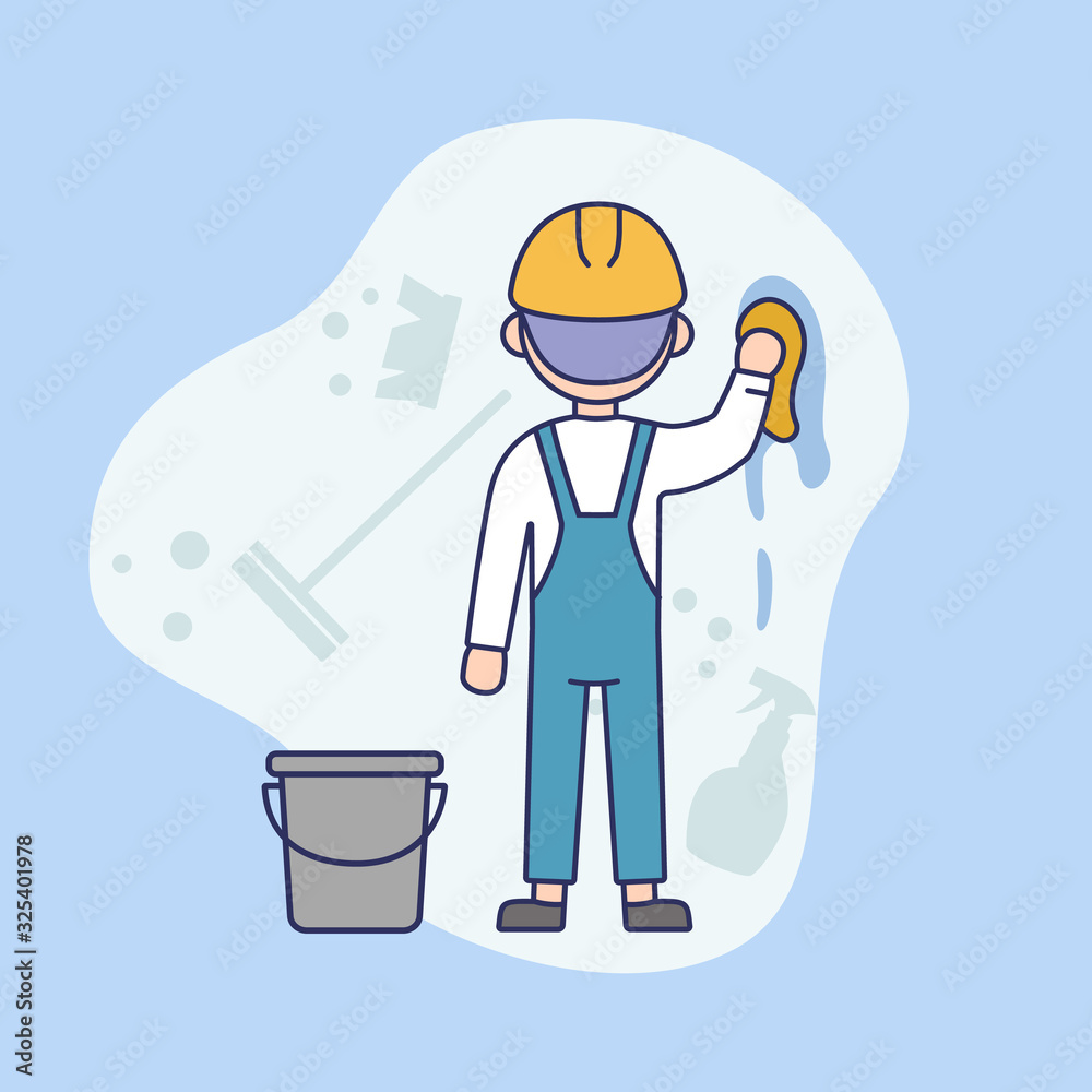 Industrial Cleaning Service Concept. Industrial Worker With Cleaning Tools At Work. Professional Windows Washing And Skyscraper Cleaning Service. Cartoon Linear Outline Flat Vector Illustration