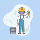 Industrial Cleaning Service Concept. Industrial Worker With Cleaning Tools At Work. Professional Windows Washing And Skyscraper Cleaning Service. Cartoon Linear Outline Flat Vector Illustration