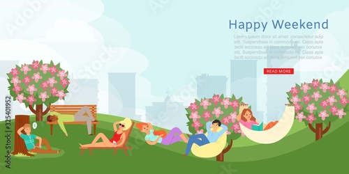 Happy city weekend outdoors leisure in park, summer time cartoon vector illustration. Men and women lie on bentch and hammock among blossom trees, reading book. photo