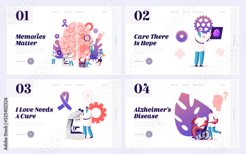 Dementia or Alzheimer Disease of Aged People Website Landing Page Set. Doctors Research and Treat Sick Brain, Medical Treatment, Awareness Ribbon Web Page Banner. Cartoon Flat Vector Illustration
