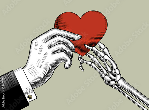 The skeletons hand gives a red heart to the hand