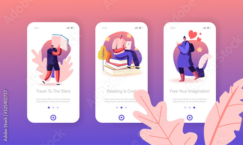 People Reading Mobile App Page Onboard Screen Set. Young Readers Characters Read Paper Books and Use App for Smartphone and Tablet Concept for Website or Web Page, Cartoon Flat Vector Illustration