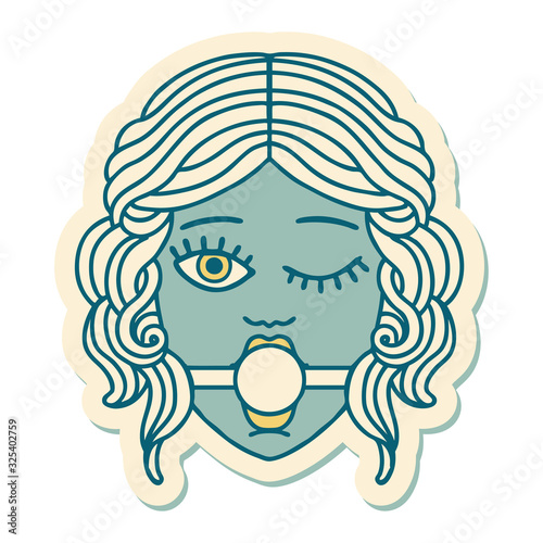 tattoo style sticker of winking female face with ball gag