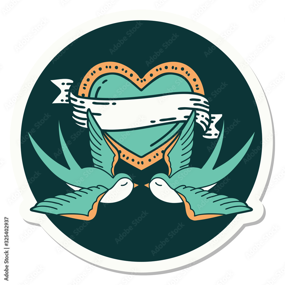 Fototapeta premium tattoo style sticker of a swallows and a heart with banner