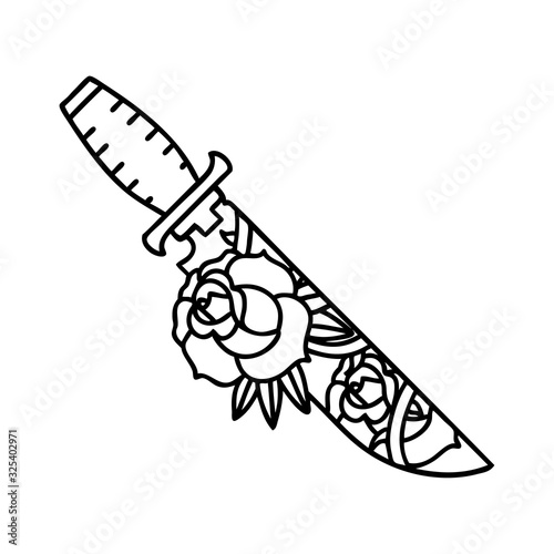 black line tattoo of a dagger and flowers