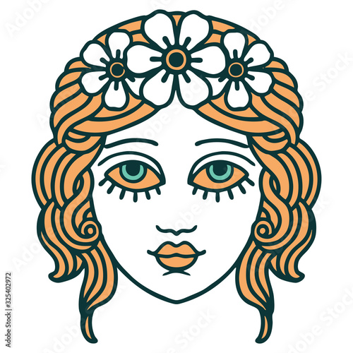tattoo style icon of female face with crown of flowers