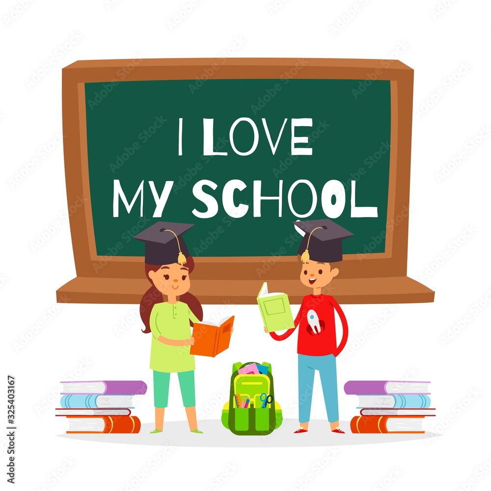 I love my school cartoon vector illustration. Caucasian girl and boy in graduate hats with books and backpack stand near the chalk board. I love my school handwritten inscription on black board. I love my school cartoon vector illustration. Caucasian girl and boy in graduate hats with books and backpack stand near the chalk board. I love my school handwritten inscription on black board.
