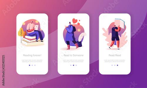 Book Lovers Enjoying Reading Mobile App Page Onboard Screen Set. Young People with Gadgets Read Electronics and Paper Books, Literature Concept for Website or Web Page Cartoon Flat Vector Illustration