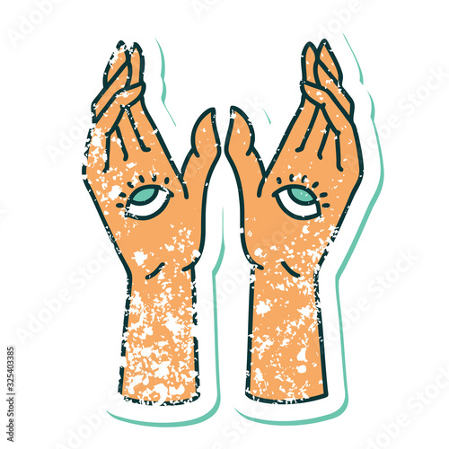 distressed sticker tattoo style icon of mystic hands
