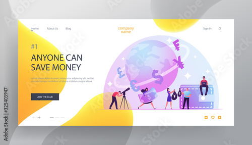 Trading and Global Economics Website Landing Page. People Rejoice at Favorable Exchange Rate. Quick Currency Exchange Euro Yen Pound Dollar. Cartoon Flat Vector Illustration