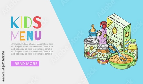 Doodle kids menu and baby food blue web banner vector illustration. Newborn and kids menu including drinks, porridges, puree and desserts, milk bottle and juice healthy nutrition.