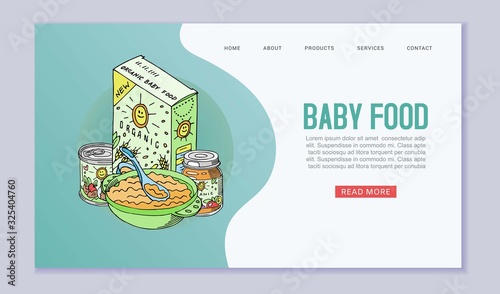 Doodle kids menu and baby food web template vector illustration. Newborn and baby food including drink, porridge, puree and desserts, milk bottle and juice healthy nutrition for kids website, landing.
