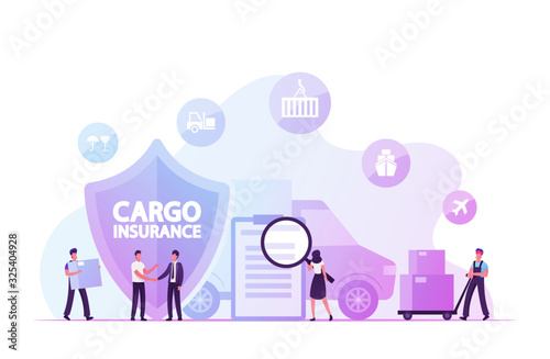 Cargo Insurance, Guaranty of Delivery Concept. Tiny Characters Making Deal with Shipping Company, Reading Policy Document, Loading Freight in Truck. Logistics Safety Cartoon Flat Vector Illustration