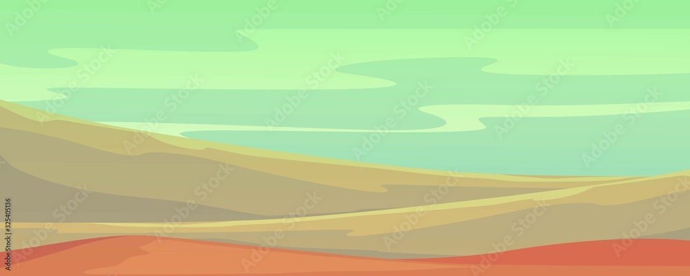 Landscape with mountains in deserted area on planet banner vector illustration. Deserted mountain green landscape with sand ground. Panorama. Background. Banner. Poster.