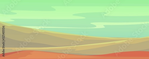 Landscape with mountains in deserted area on planet banner vector illustration. Deserted mountain green landscape with sand ground. Panorama. Background. Banner. Poster.