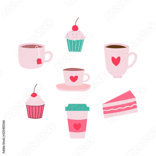 Set of mugs and sweets flat vector icons isolated on a white background.Coffee mug tea cup cupcake muffin coffee cup and slice of cake icons.