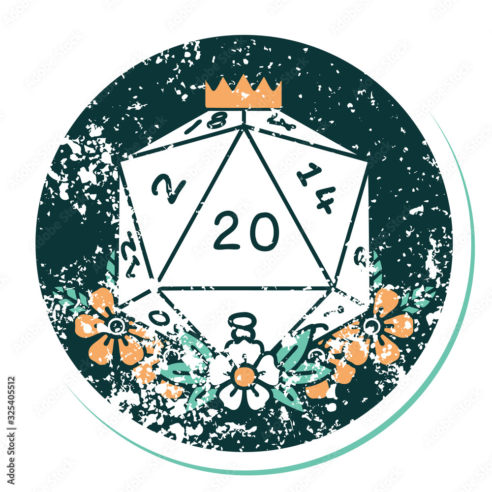 distressed sticker tattoo style icon of a d20 distressed sticker tattoo style icon of a d20