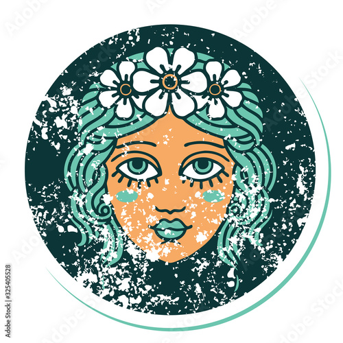 distressed sticker tattoo style icon of female face with crown of flowers