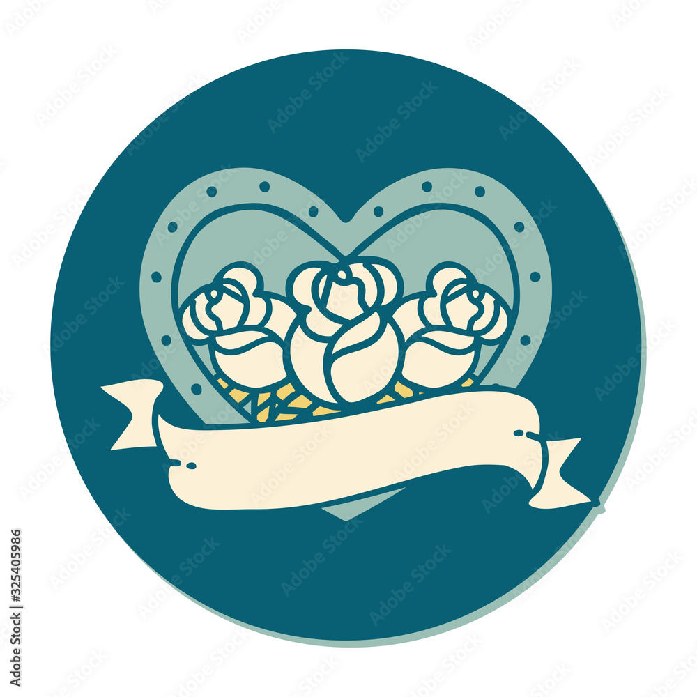 tattoo style sticker of a heart and banner with flowers tattoo style sticker of a heart and banner with flowers
