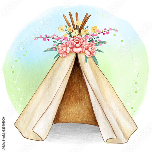 Watercolor boho spring tribal tent