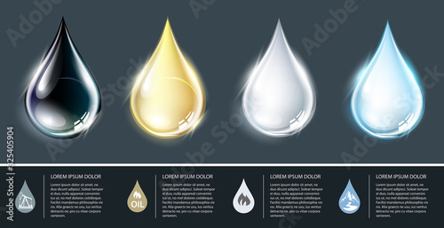 Set of  crude oil,  petroleum, motor oil, kerosene and blue water drops.  Collection realistic isolated vector icons for your design and logo