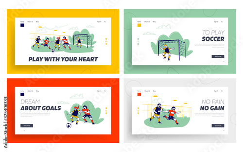 Sportsmen Training before Soccer Tournament Website Landing Page Set. Kids Playing with Ball on Field in Summer Camp, Goalkeeper Defend Gate Web Page Banner. Cartoon Flat Vector Illustration, Line Art