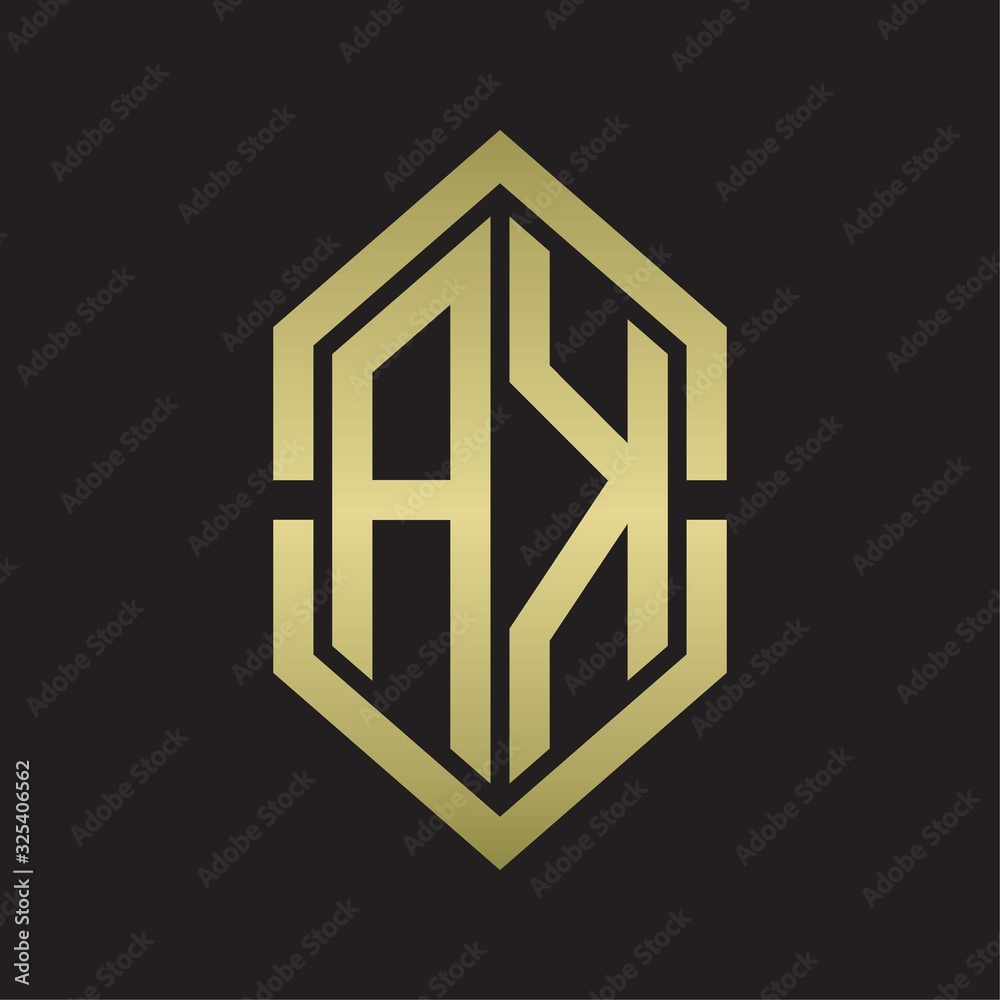 AK Logo monogram with hexagon shape and outline slice style with gold colors AK Logo monogram with hexagon shape and outline slice style with gold colors