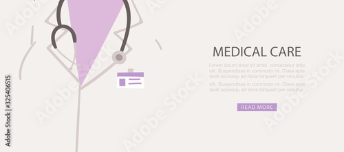 Medical care banner with close up of doctor with stethoscope vector illustration. Professional medicine and healthcare medics clinic website and services banner.