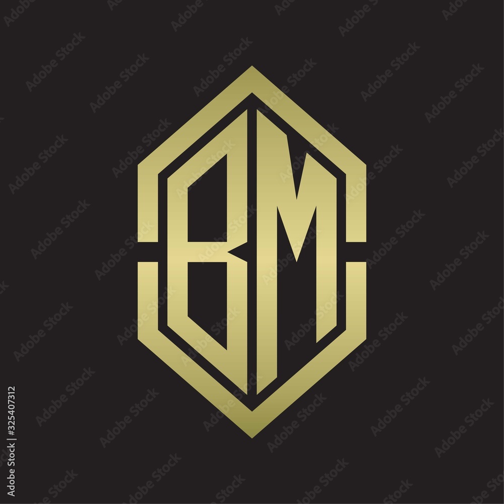 BM Logo monogram with hexagon shape and outline slice style with gold colors BM Logo monogram with hexagon shape and outline slice style with gold colors