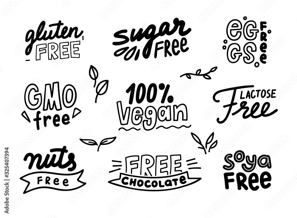 Set of Monochrome Labels for Allergen Products Free of Gmo, Chocolate, Sugar and Lactose, Nuts, Soya and Gluten. 100 Percent Vegan Food, Intolerance Allergic Symbols for Package Vector Illustration Set of Monochrome Labels for Allergen Products Free of Gmo, Chocolate, Sugar and Lactose, Nuts, Soya and Gluten. 100 Percent Vegan Food, Intolerance Allergic Symbols for Package Vector Illustration