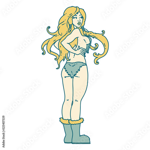 tattoo style icon of a pinup viking girl