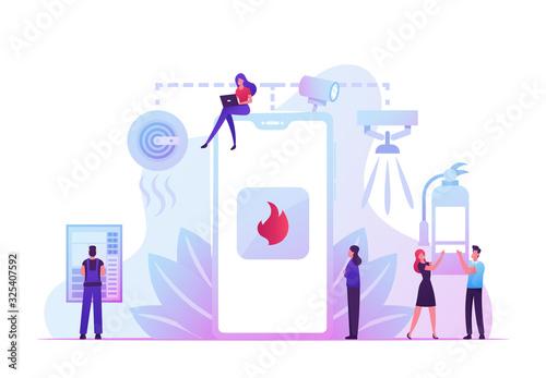 Fire Safety System Concept. People Get Notification from Smartphone about Fire Accident. People with Extinguisher, Electrician Examine Working Draft or Measure Voltage Cartoon Flat Vector Illustration