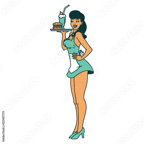 tattoo style icon of a pinup waitress girl