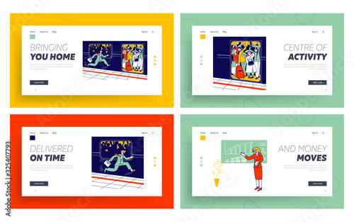 Metro at Station in Rush Hour, Business Training in Financial School Website Landing Page Set. People Riding on Full Train, Couch Presentation Web Page Banner Cartoon Flat Vector Illustration Line Art