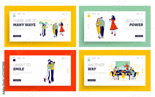Love Triangle, or Husband Cheating Website Landing Page Set. Angry Jealous Woman, Perfidious Girl Chatting with Lover, Love Fraud Cheating Web Page Banner. Cartoon Flat Vector Illustration, Line Art